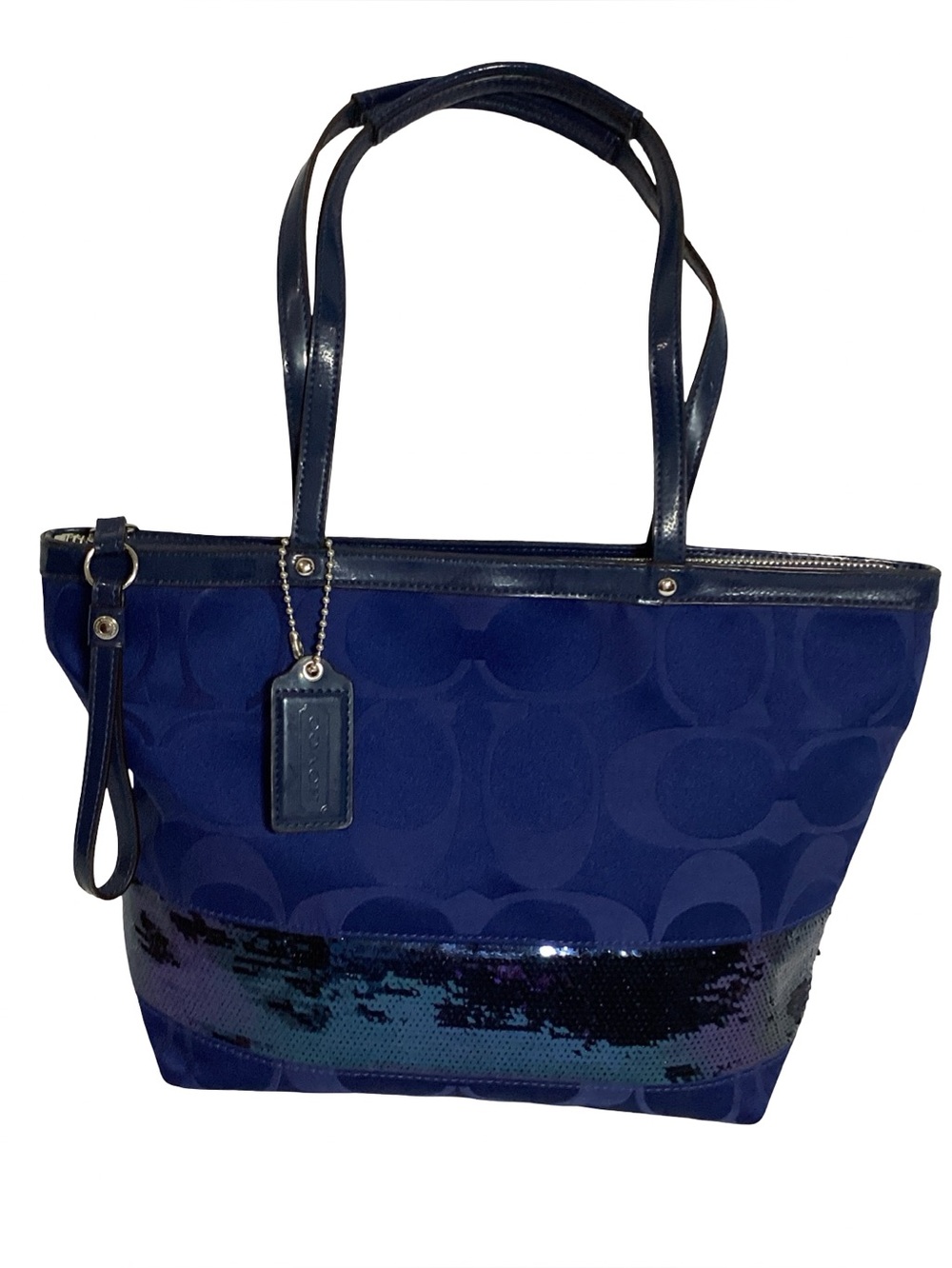 COACH Navy Blue Sequin Signature Medium Tote Bag F17574 EUC
